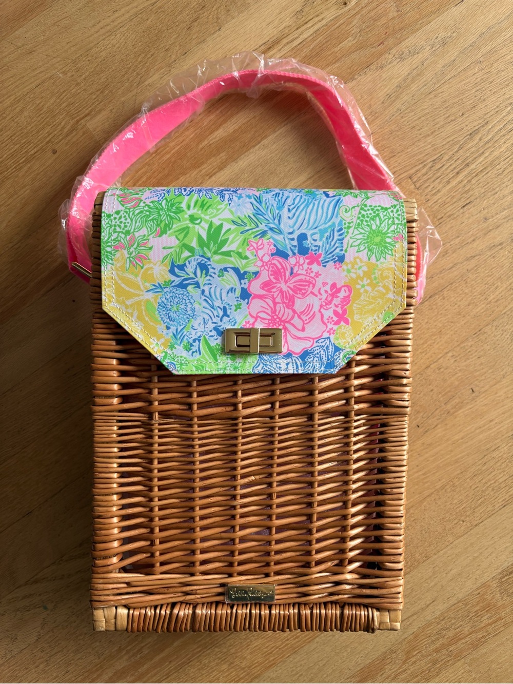 Lilly Pulitzer Floral Canvas & Wicker Crossbody in Pink, Blue, Green. Picnic.